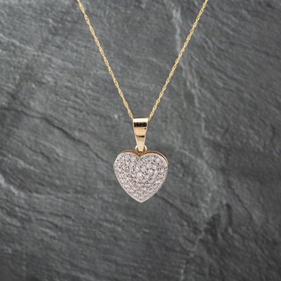 Second Hand 9ct Yellow Gold Cubic Zirconia Heart Shaped Pendant & 18 Inch Curb Chain 41142491