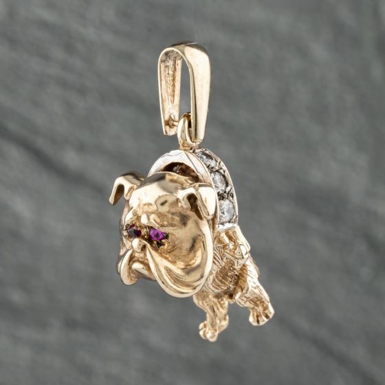 Second Hand 9ct Yellow Gold Cubic Zirconia & Ruby Bull Dog Loose Pendant 41142492