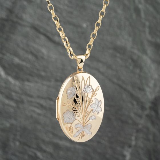 Second Hand 9ct Two Colour Gold Oval Foliate Engraved Locket Pendant & 22 Inch Belcher Chain 41142518