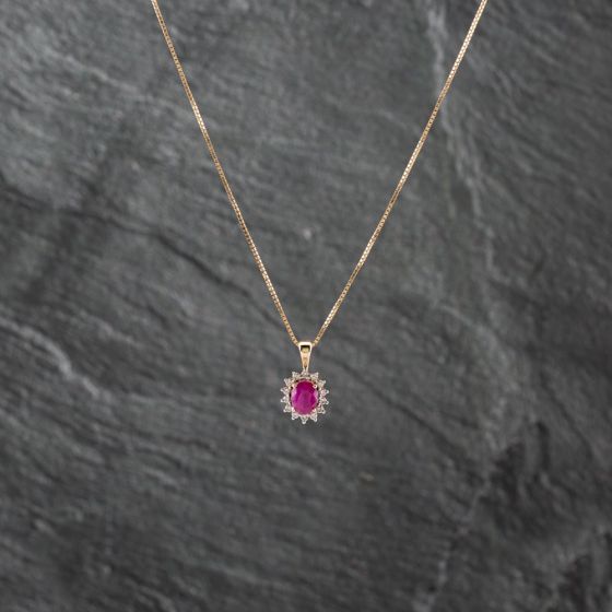 Second Hand 9ct Yellow Gold Ruby & 0.21ct Diamond Oval Cluster Pendant & 18 Inch Box Chain 41142527