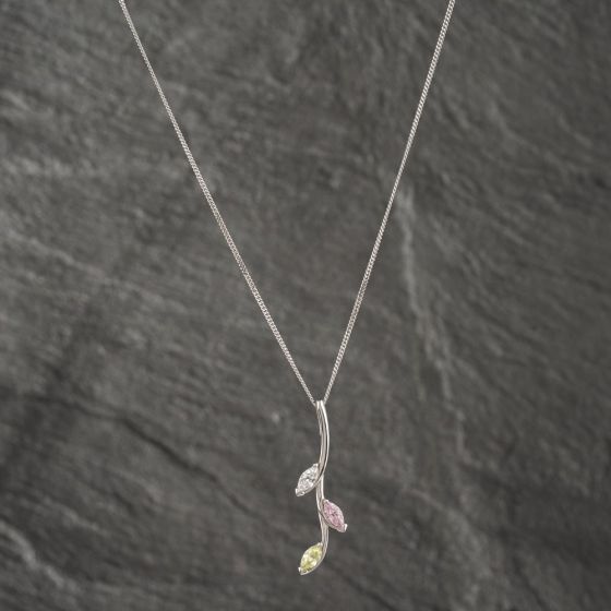 Second Hand 9ct White Gold White, Pink And Green Cubic Zirconia Branch And Leaf Pendant & 18 Inch Curb Chain 41142528