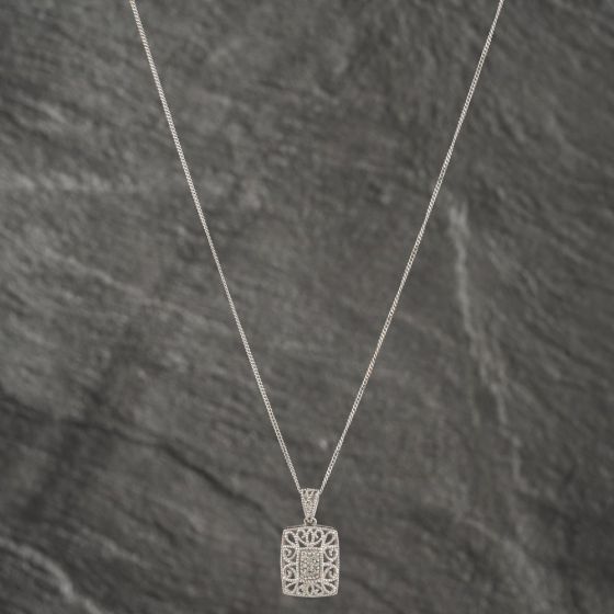 Second Hand 9ct White Gold 0.04ct Diamond Openwork Oblong Cushion Shaped Pendant & 18 Inch Curb Chain 41142531