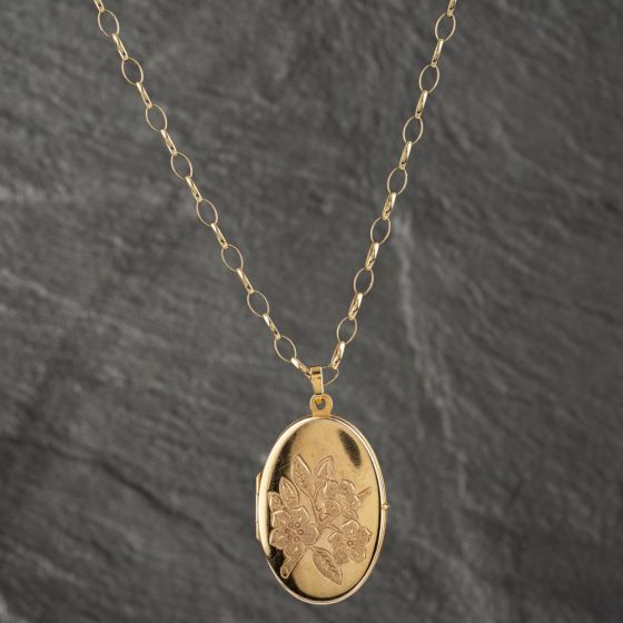 Second Hand 9ct Yellow Gold Foliate Hand Engraved Locket Pendant & 22 Inch Belcher Chain 41142533