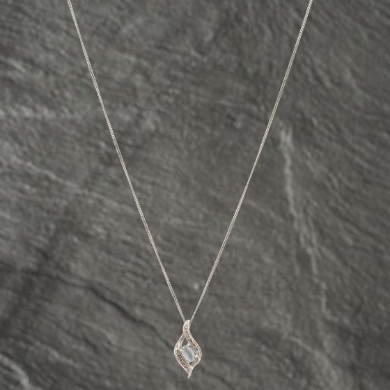 Second Hand 9ct White Gold Blue Topaz & 0.05ct Diamond Swirl Pendant & 18 Inch Curb Chain 41142542