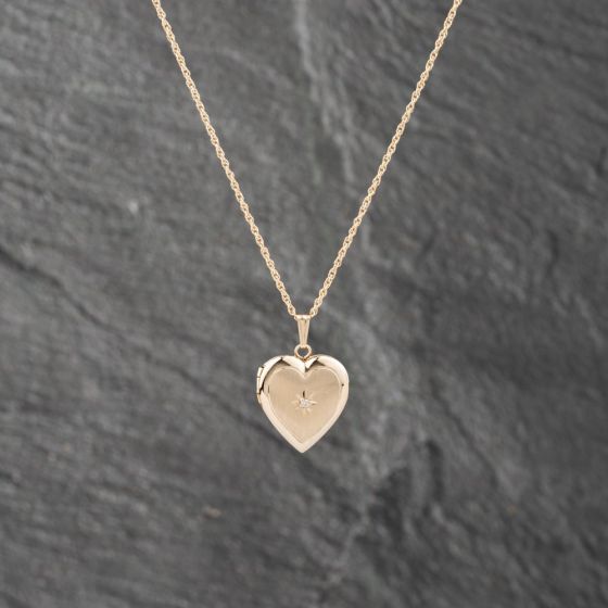 Second Hand 14ct Yellow Gold 0.01ct Diamond Heart Locket Pendant & 18 Inch Prince Of Wales Chain 41142543
