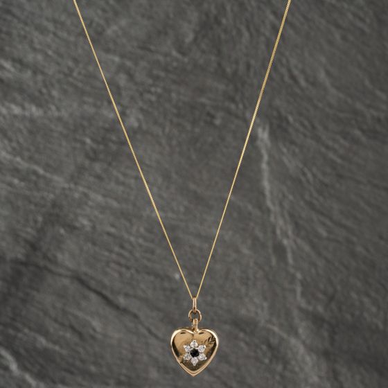 Second Hand 9ct Yellow Gold Sapphire & Cubic Zirconia Heart With Flower Cluster Locket Pendant & 18 Inch Curb Chain 41142544