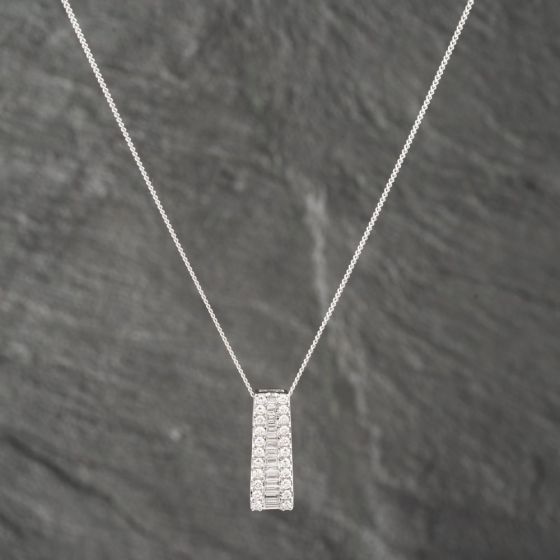Second Hand 18ct White Gold 0.75ct Diamond 3 Row Pendant & 18 Inch Curb Chain 41142548