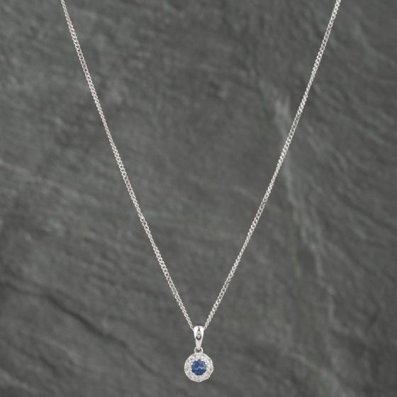 Second Hand 18ct White Gold Sapphire & Cubic Zirconia Round Gemstone Pendant & 16 Inch Curb Chain 41142555