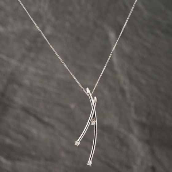 Second Hand 9ct White Gold Diamond Three Stone Triple Tube Gemstone Pendant & 18 Inch Curb Chain 41142561