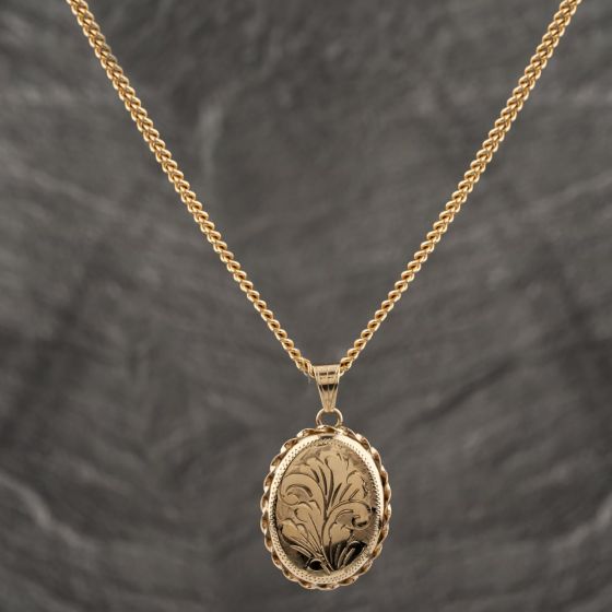 Second Hand 9ct Yellow Gold Oval Hand Engraved Locket Pendant & 20 Inch Curb Chain 41142567