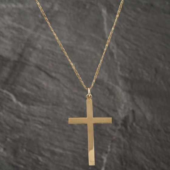 Second Hand 9ct Yellow Gold Large Plain Cross Pendant & 22 Inch Celtic Chain 41142569