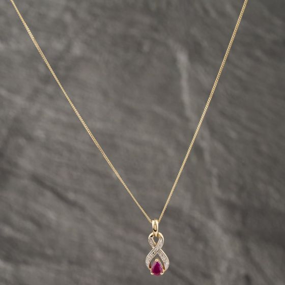 Second Hand 9ct Yellow Gold Ruby & Diamond Crossover Set Earrings With Gemstone Pendant & 18 Inch Curb Chain 41142570