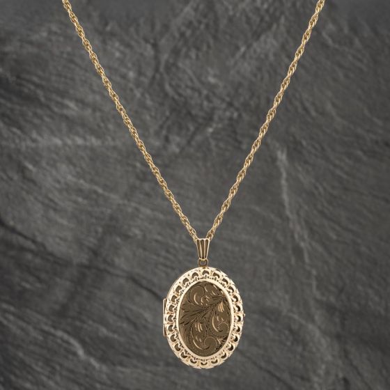Second Hand 9ct Yellow Gold Oval Hand Engraved Locket Pendant & 24 Inch Curb Chain 41142571