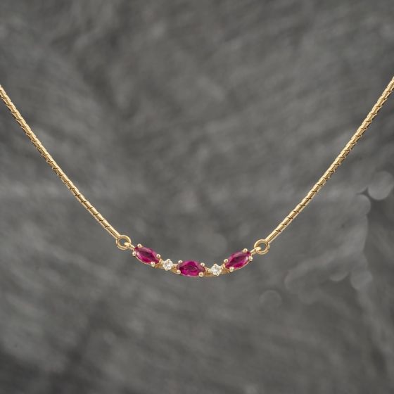 Second Hand 9ct Yellow Gold Ruby & Brilliant Cut Diamond 5 Stone Bar Pendant & 15 Inch Snake Chain 41142577