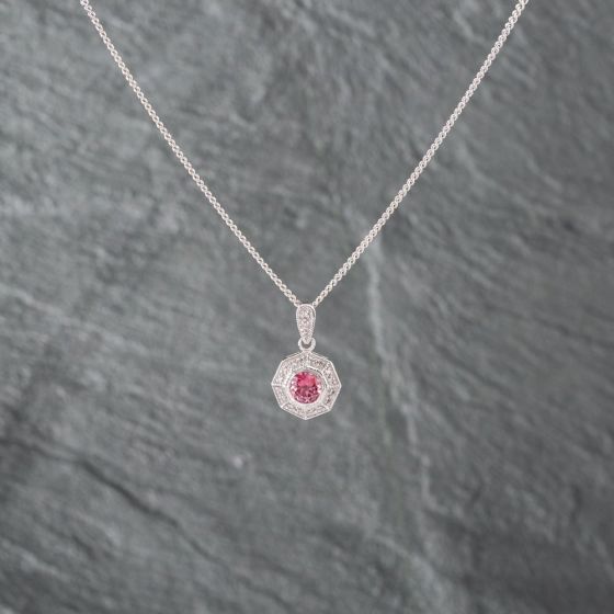 Second Hand 9ct White Gold Tourmaline & 0.10ct Diamond Octagonal Pendant & 16 Inch Curb Chain 41142579