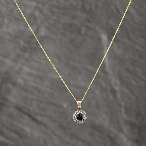 Second Hand 9ct Yellow Gold Sapphire & Diamond Round Pendant & 18 Inch Curb Chain 41142582