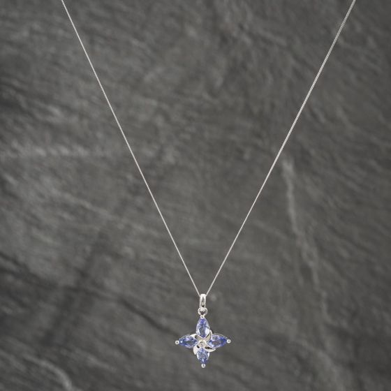 Second Hand 9ct White Gold Tanzanite & Diamond Star Pendant & 18 Inch Curb Chain 41142588