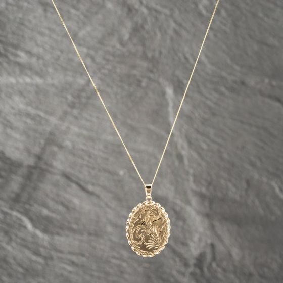 Second Hand 9ct Yellow Gold Oval Hand-Engraved Spiral Rope Edged Locket Pendant & 18 Inch Curb Chain 41142593