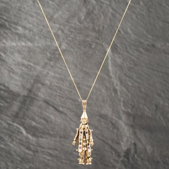 Second Hand 9ct Yellow Gold Multi Stone Articulating Clown Pendant & 18 Inch Curb Chain 41142602