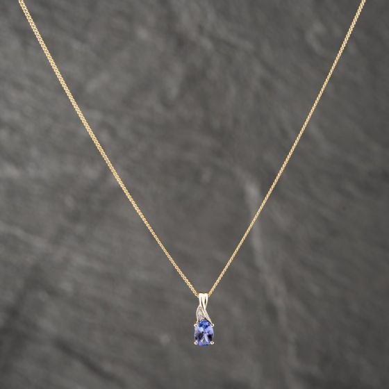 Second Hand 9ct Yellow Gold Tanzanite & 0.15ct Diamond Pendant & 16 Inch Curb Chain 41142610