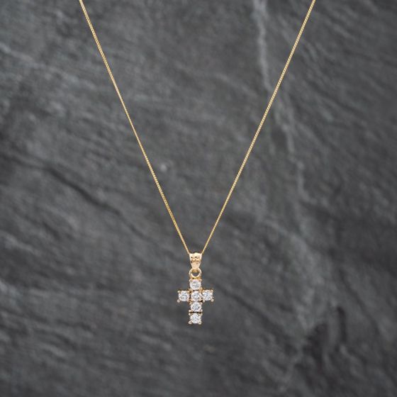 Second Hand Yellow Gold Cubic Zirconia Set Cross Pendant & 18 Inch Curb Chain 41142616