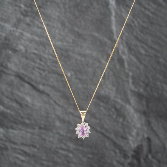 Second Hand 18ct Yellow Gold Pink Sapphire & 0.30ct Brilliant Cut Diamond Oval Pendant & 18 Inch Curb Chain 41142619