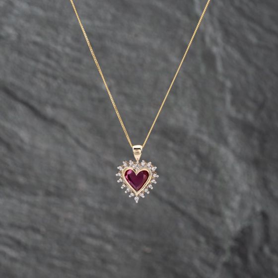 Second Hand 9ct Two Colour Gold Synthetic Ruby & 0.01ct Diamond Heart Pendant & 18 Inch Curb Chain 41142621