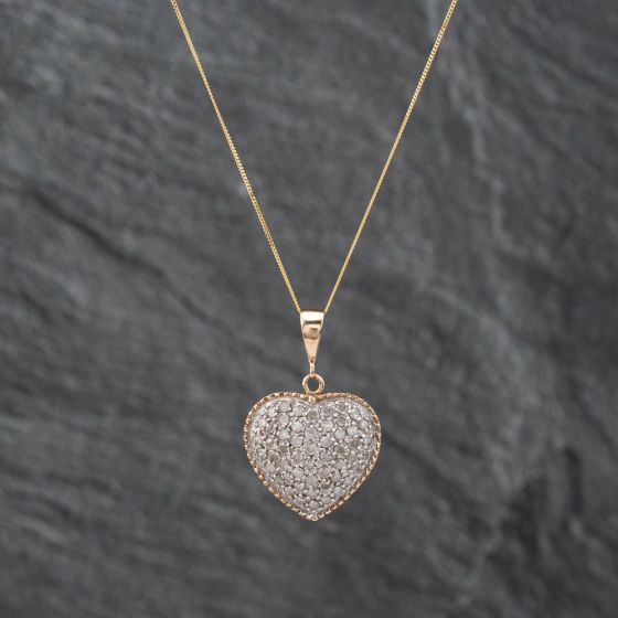 Second Hand 9ct Two Colour Gold 1.00ct Diamond Set Heart Pendant & 18 Inch Curb Chain 41142623