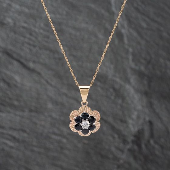 Second Hand 9ct Yellow Gold Sapphire & Cubic Zirconia Flower Cluster Pendant & 18 Inch Prince Of Wales Chain 41142626