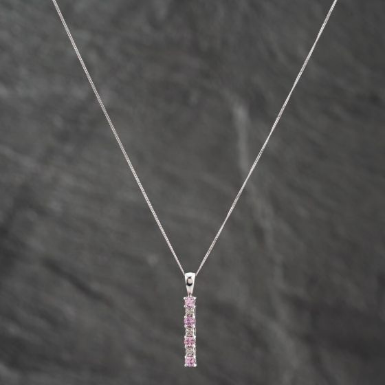 Second Hand 9ct White Gold Pink Sapphire & Diamond Seven Stone Bar Gemstone Pendant & 18 Inch Curb Chain 41142631