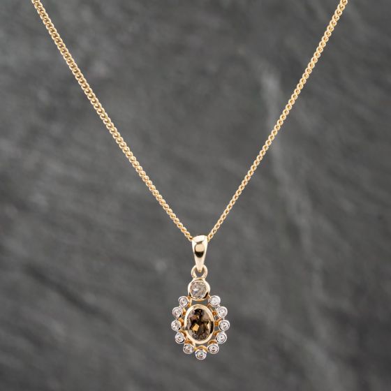 Second Hand 9ct Yellow Gold Smoky Quartz & Cubic Zirconia Oval Cluster Gemstone Pendant & 20 Inch Curb Chain 41142636