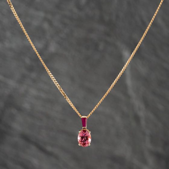 Second Hand 9ct Yellow Gold Pink Topaz Oval Gemstone Pendant & 18 Inch Curb Chain 41142637