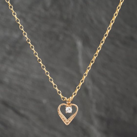 Second Hand 9ct Yellow Gold Cubic Zirconia Open Heart Pendant & 16 Inch Belcher Chain 41142639