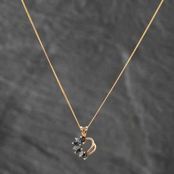 Second Hand 9ct Yellow Gold Sapphire & Diamond Open Heart Pendant & 18 Inch Curb Chain 41142640