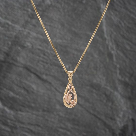 Second Hand Clogau 9ct Two Colour Gold Teardrop Shaped Celtic Vine Leaf Pendant & 19 Inch Spiga Chain 41142649