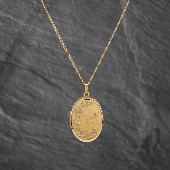 Second Hand 9ct Yellow Gold Bird And Floral Engraved Locket Pendant & 18 Inch Curb Chain 41142653