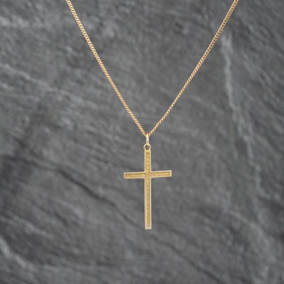Second Hand 9ct Yellow Gold Textured Cross Pendant & 16 Inch Curb Chain 41142655