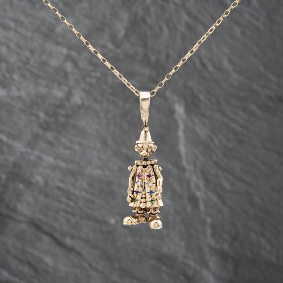 Second Hand 9ct Yellow Gold Cubic Zirconia Movable Clown Pendant & 18 Inch Belcher Chain 41142668
