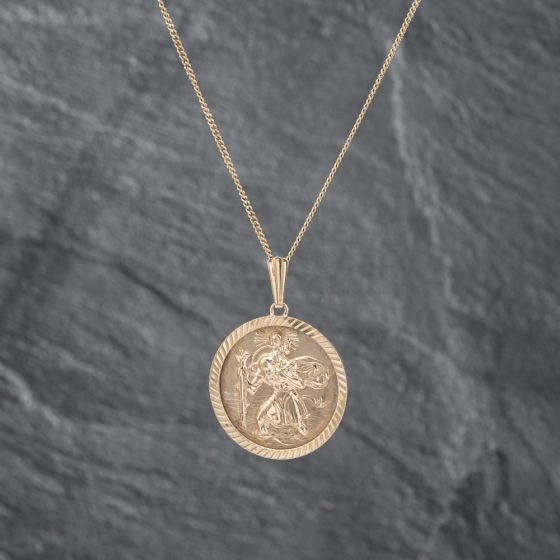 Second Hand 9ct Yellow Gold Large St Christopher Pendant & 18 Inch Curb Chain 41142670