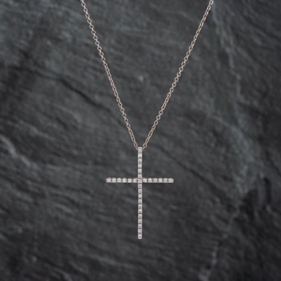 Second Hand 18ct White Gold 0.30ct Brilliant Cut Diamond Cross Pendant & 19 Inch Trace Chain 41142676