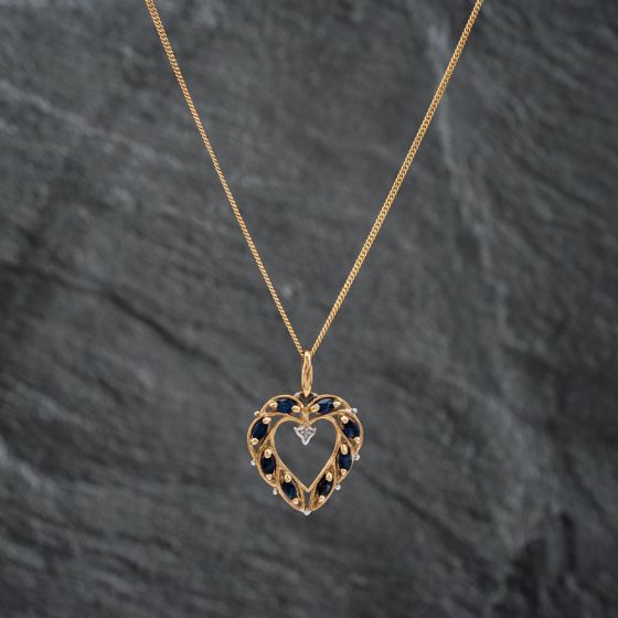 Second Hand 9ct Yellow Gold Sapphire & Diamond Open Heart Pendant & 18 Inch Curb Chain 41142679