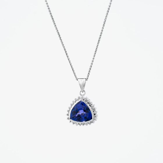 Second Hand 18ct White Gold Tanzanite & Diamond Triangle Cluster Pendant & 16 Inch Foxtail Chain 41142685