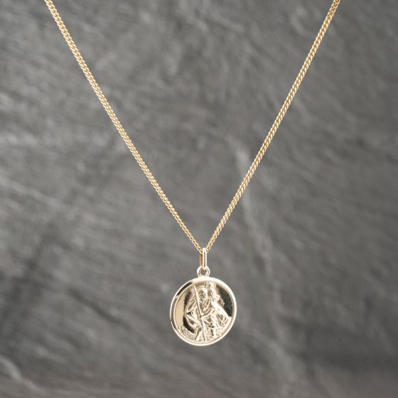 Second Hand 9ct Yellow Gold Round St Christopher Pendant & 20 Inch Curb Chain 41142687