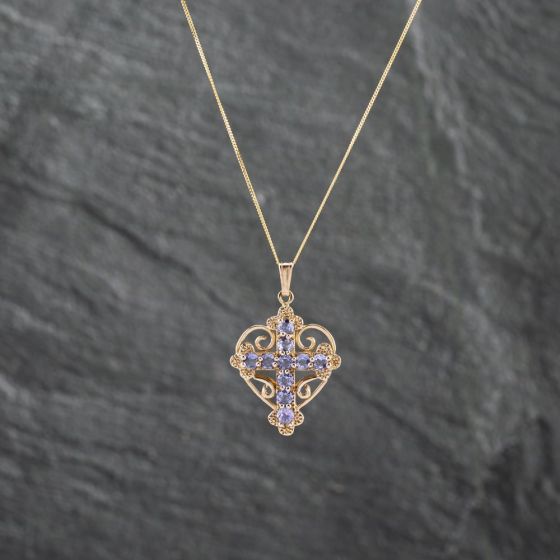 Second Hand 9ct Yellow Gold Tanzanite Ornate Heart Shaped Cross Pendant & 18 Inch Curb Chain 41142693