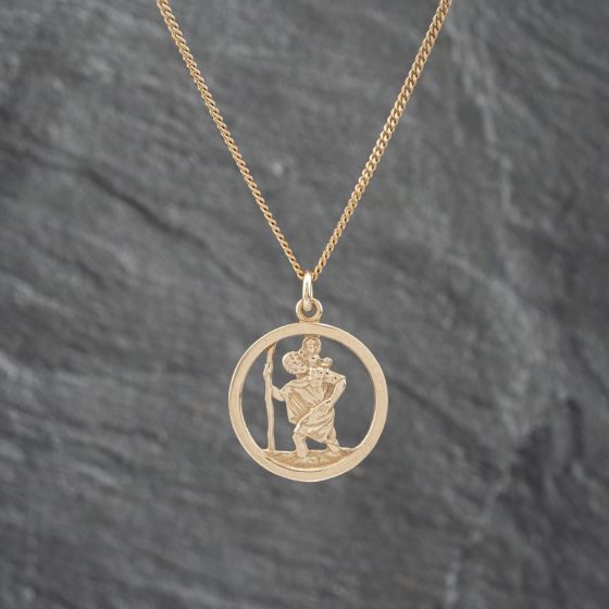 Second Hand 9ct Yellow Gold Round Openwork St Christopher Pendant & 18 Inch Curb Chain 41142701