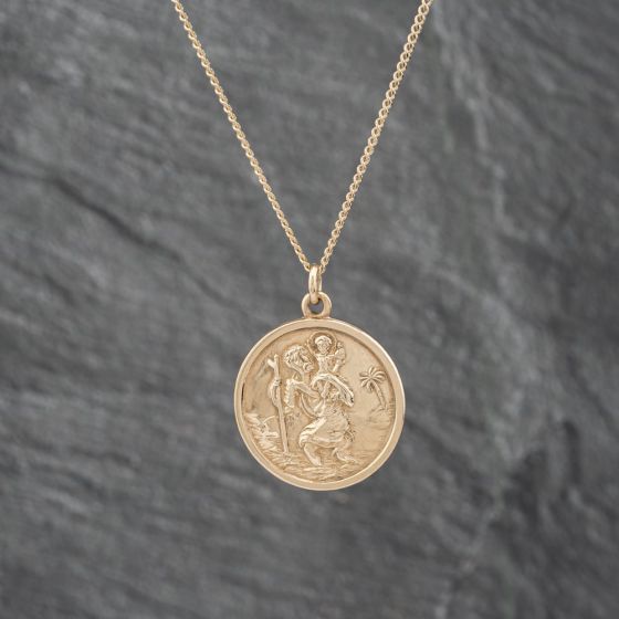Second Hand 9ct Yellow Gold Round St Christopher Pendant & 18 Inch Curb Chain 41142702