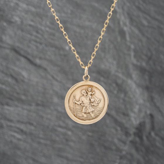 Second Hand 9ct Yellow Gold Round St Christopher Pendant & 18 Inch Belcher Chain 41142703
