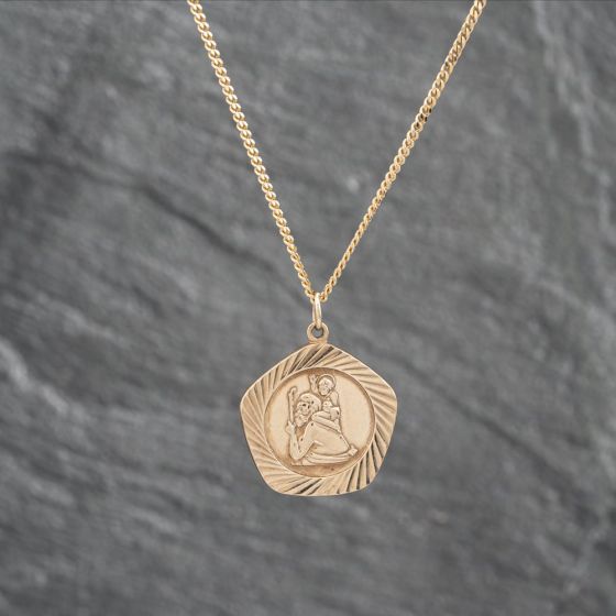 Second Hand 9ct Yellow Gold Octagonal St Christopher Pendant & 18 Inch Curb Chain 41142704