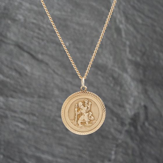 Second Hand 9ct Yellow Gold Round St Christopher Pendant & 18 Inch Curb Chain 41142705