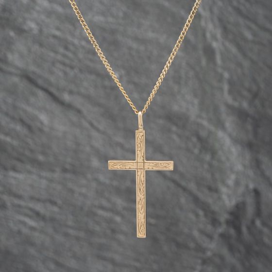 Second Hand 9ct Yellow Gold Engraved Cross Pendant & 18 Inch Curb Chain 41142706
